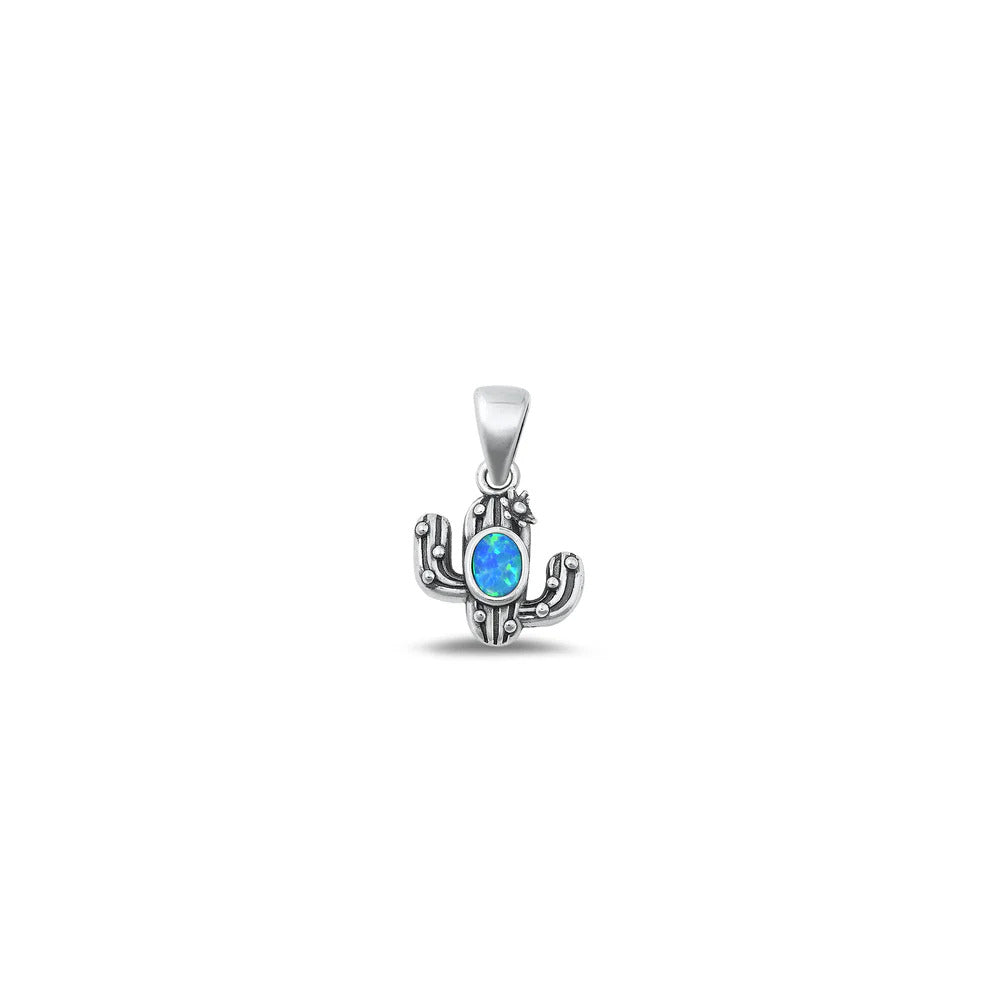 Sterling Silver Oxidized 9.8mm Cactus Blue Lab Opal Pendant