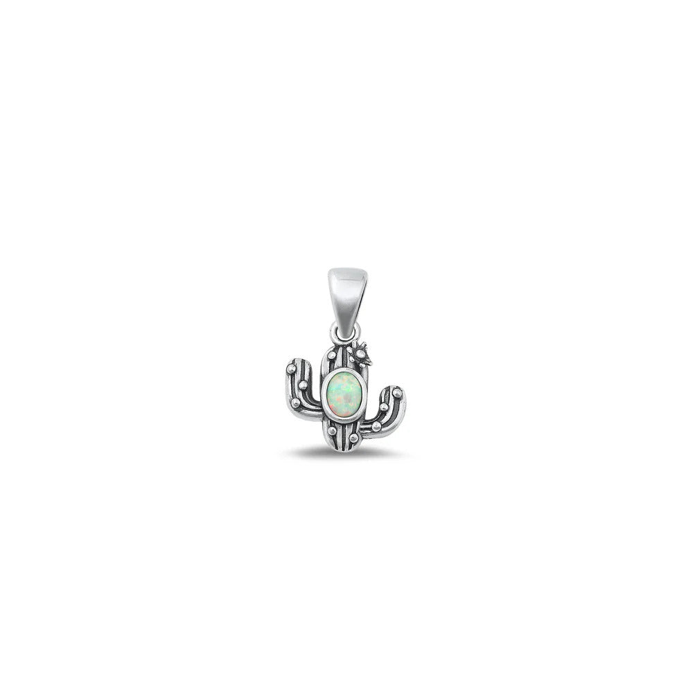 Sterling Silver Oxidized 9.8mm Cactus White Lab Opal Pendant