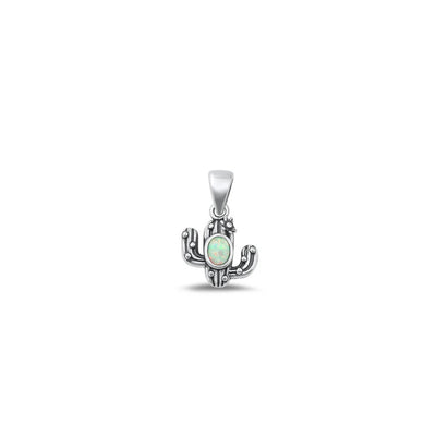 Sterling Silver Oxidized 9.8mm Cactus White Lab Opal Pendant