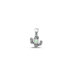 Sterling Silver Oxidized 9.8mm Cactus White Lab Opal Pendant
