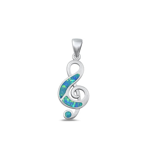 Sterling Silver Rhodium Plated Blue Lab Opal Music Note Pendant