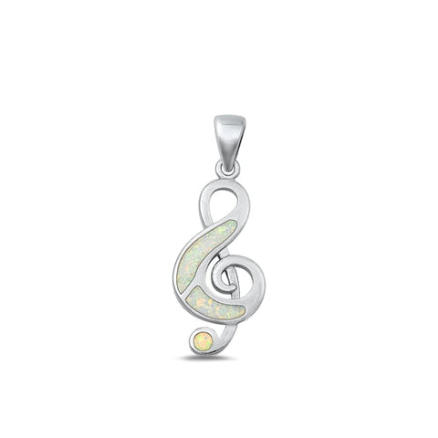 Sterling Silver Rhodium Plated White Lab Opal Music Note Pendant