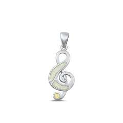 Sterling Silver Rhodium Plated White Lab Opal Music Note Pendant