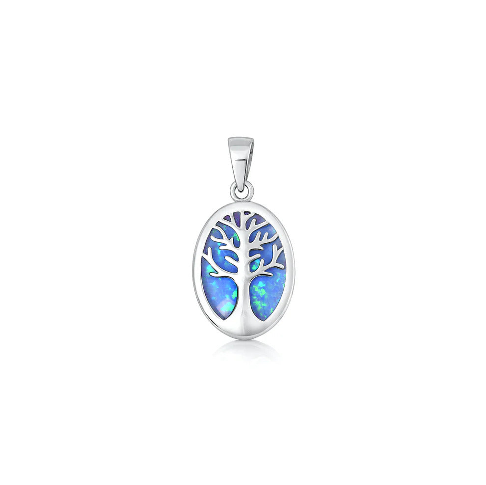 Sterling Silver Oxidized And Polished Blue Lab Opal Tree Of Life Pendant