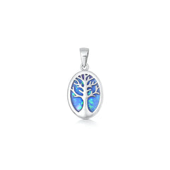 Sterling Silver Oxidized And Polished Blue Lab Opal Tree Of Life Pendant