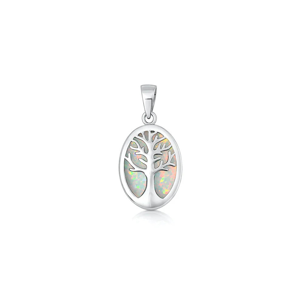 Sterling Silver Oxidized And Polished White Lab Opal Tree Of Life Pendant