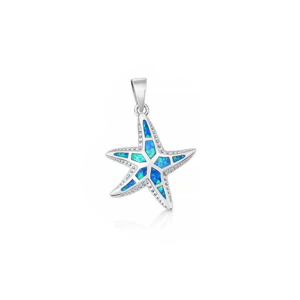 Sterling Silver Rhodium Plated Blue Lab Opal Starfish Pendant