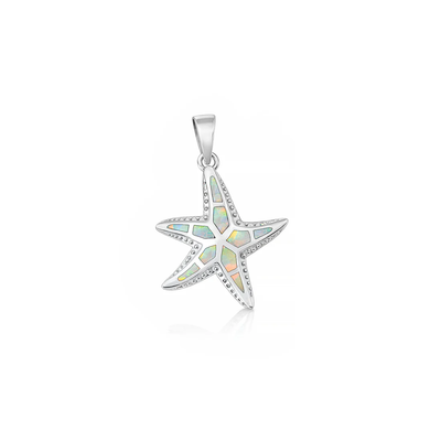 Sterling Silver Rhodium Plated Starfish White Lab Opal Pendant