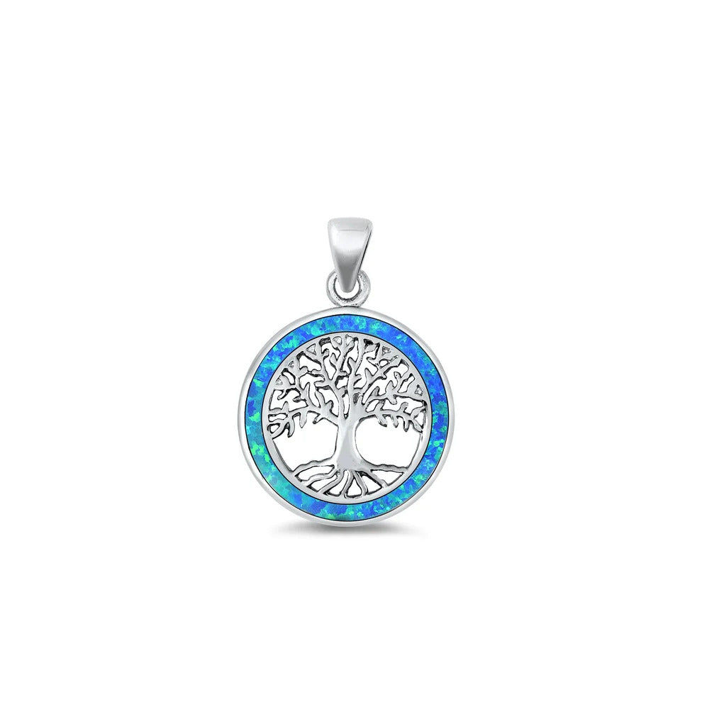 Sterling Silver Blue Lab Opal Tree Of Life Pendant