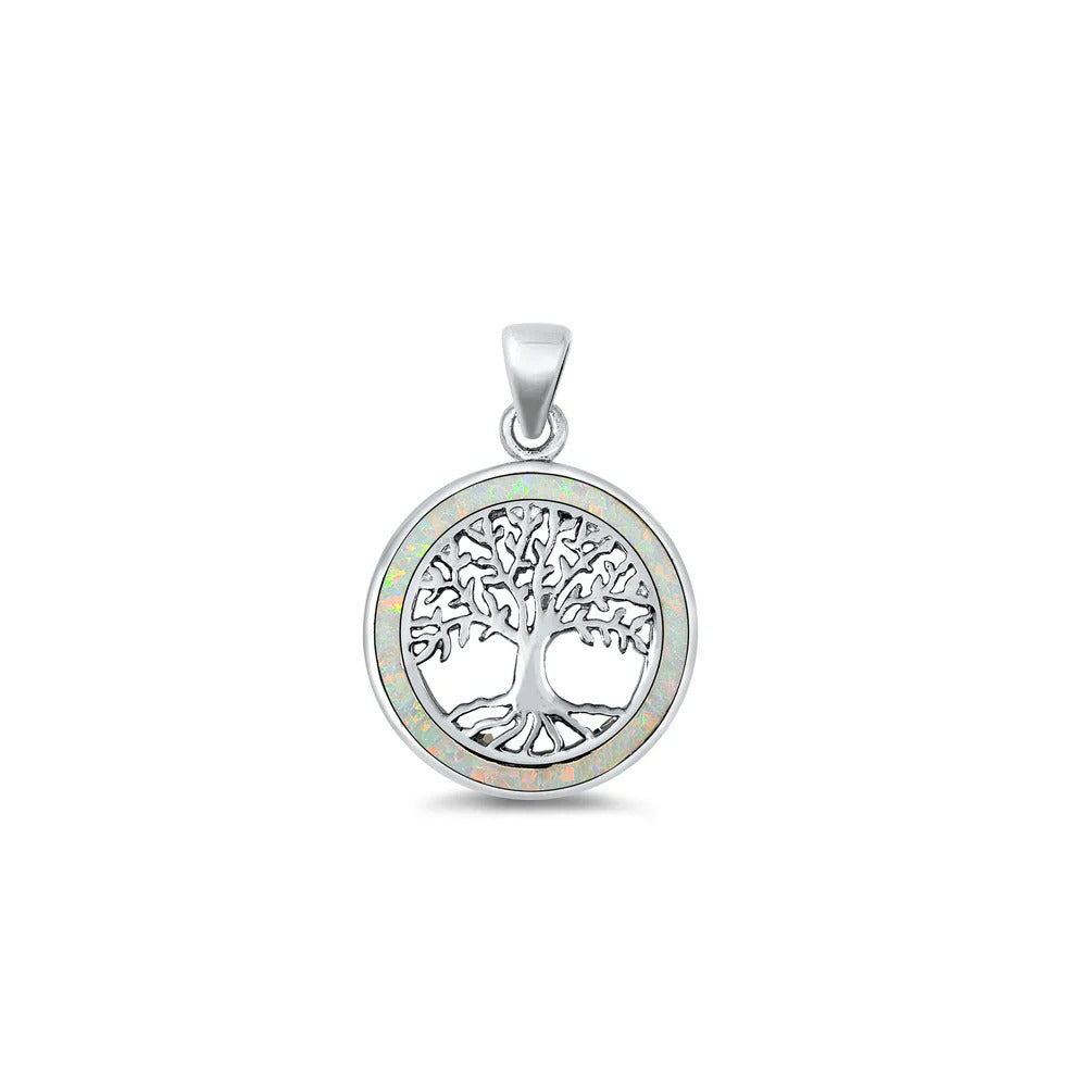 Sterling Silver Tree Of Life White Lab Opal Pendant