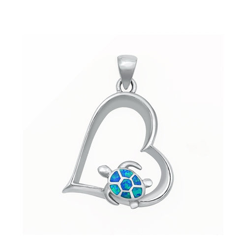 Sterling Silver Rhodium Plated Heart And Sea Turtle Blue Lab Opal Pendant