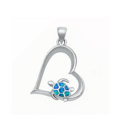 Sterling Silver Rhodium Plated Heart And Sea Turtle Blue Lab Opal Pendant