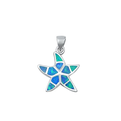 Sterling Silver Rhodium Plated Blue Lab Opal Starfish Pendant