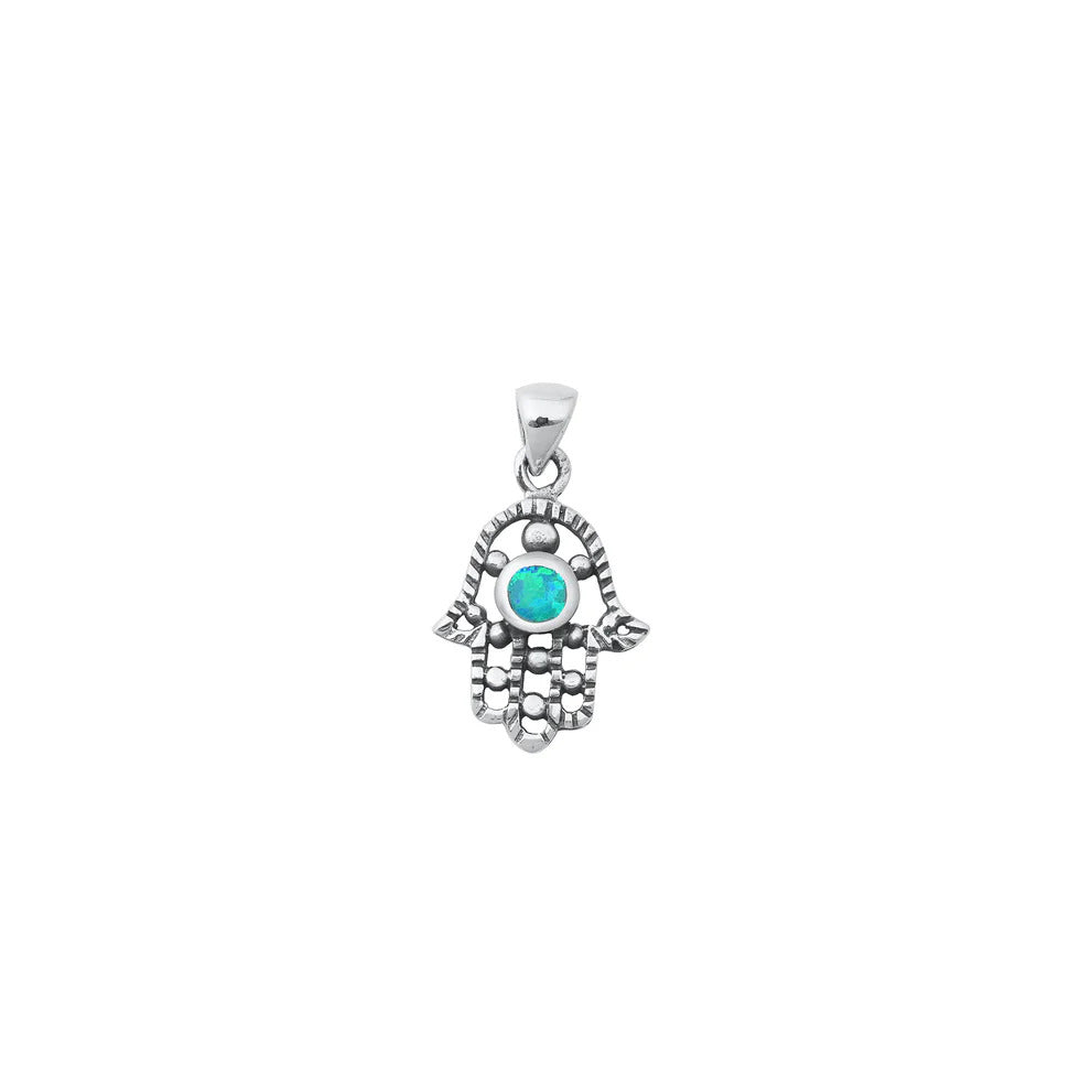 Sterling Silver Oxidized Hamsa Blue Lab Opal Pendant