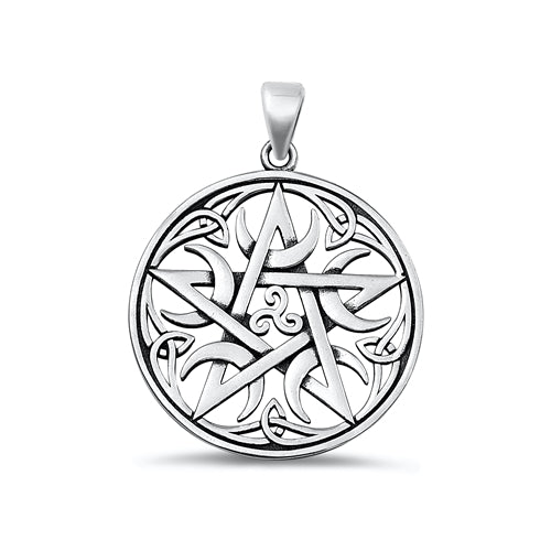 Sterling Silver Oxidized Pentagram, Moon, and Triskelion Pendant-28.5mm