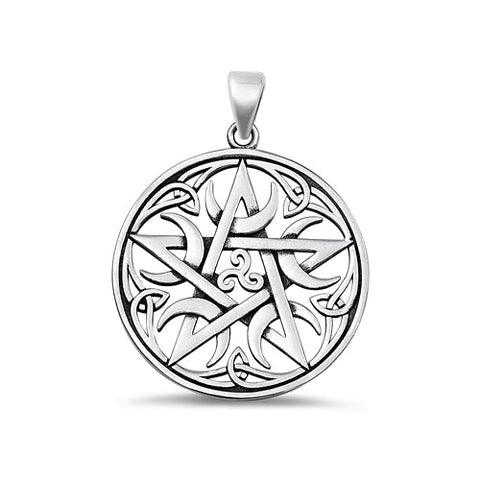 Sterling Silver Oxidized Pentagram, Moon, and Triskelion Pendant-28.5mm