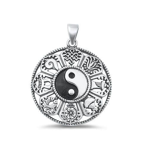 Sterling Silver Oxidized Yin Yang and Lucky Symbols Pendant