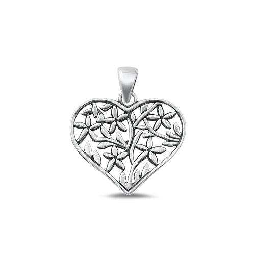 Sterling Silver Oxidized Heart and Flower Pendant