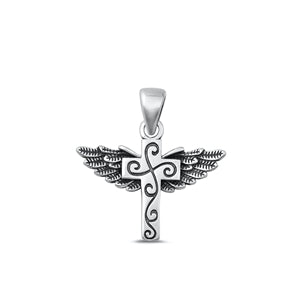 Sterling Silver Oxidized Cross with Wings Pendant