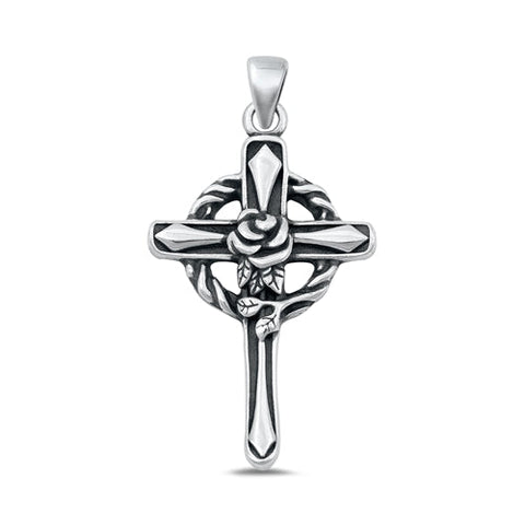 Sterling Silver Oxidized Cross with Rose Pendant