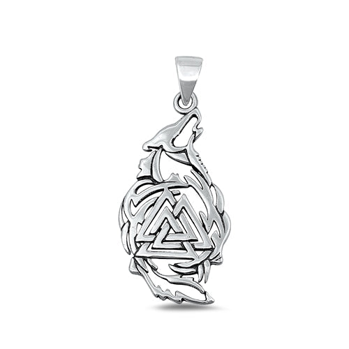 Sterling Silver Oxidized Valknut and Wolf Pendant