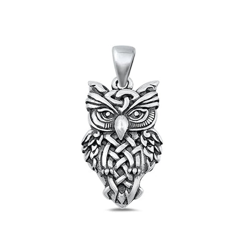 Sterling Silver Oxidized Owl Pendant-29mm