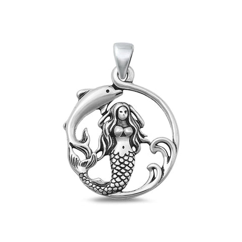 Sterling Silver Oxidized Mermaid and Dolphin Pendant