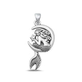 Sterling Silver Oxidized Mermaid on Moon Pendant