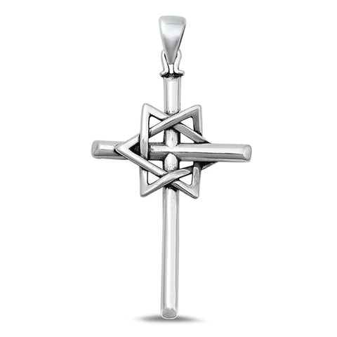 Sterling Silver Oxidized Cross and Star of David Pendant