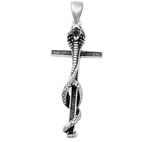 Sterling Silver Oxidized Cobra Snake Cross Pendant