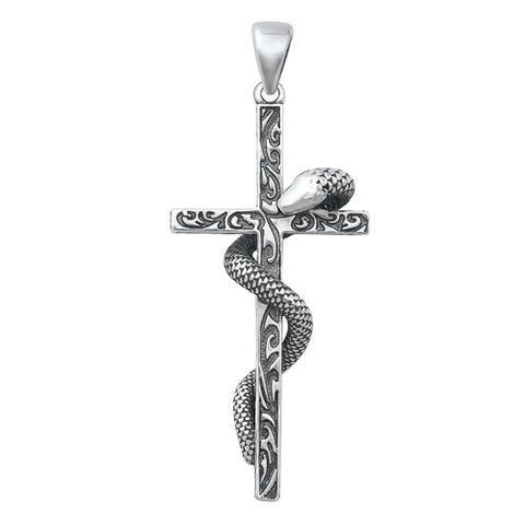 Sterling Silver Oxidized Snake and Cross Pendant