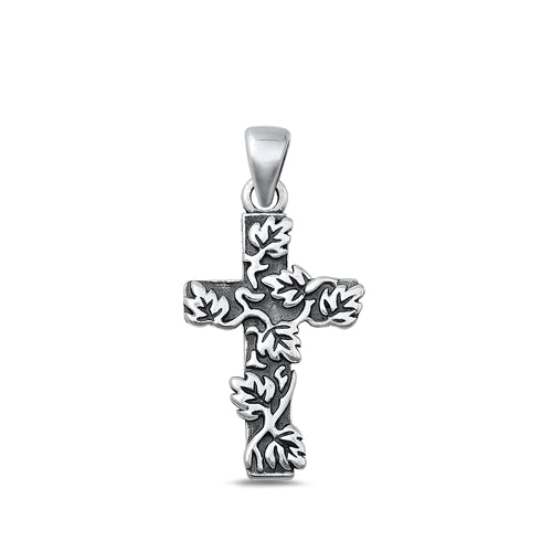 Sterling Silver Oxidized Cross with Leaves Pendant-25.8mm