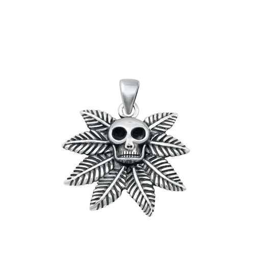 Sterling Silver Oxidized Skull and Leaves Pendant