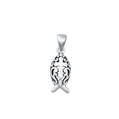 Sterling Silver Oxidized Fish and Cross Pendant