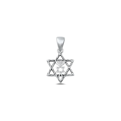Sterling Silver Oxidized Star Of David, Menorah And Fish Pendant