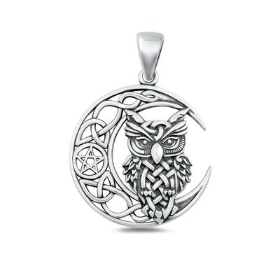 Sterling Silver Oxidized Owl And Celtic Moon Pendant