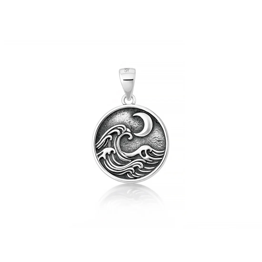 Sterling Silver Oxidized And Polished Round Ocean And Moon Pendant