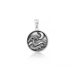 Sterling Silver Oxidized And Polished Round Ocean And Moon Pendant