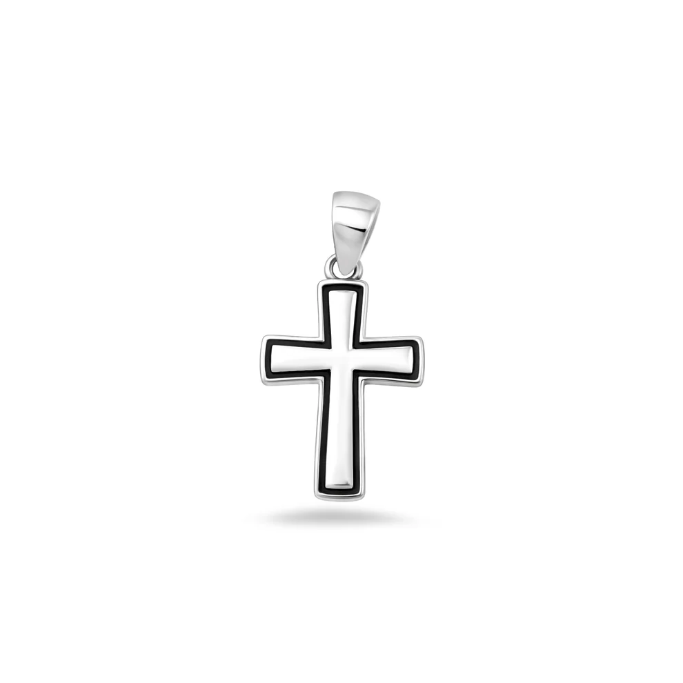 Sterling Silver Oxidized And Polished 18mm Black Line Cross Pendant