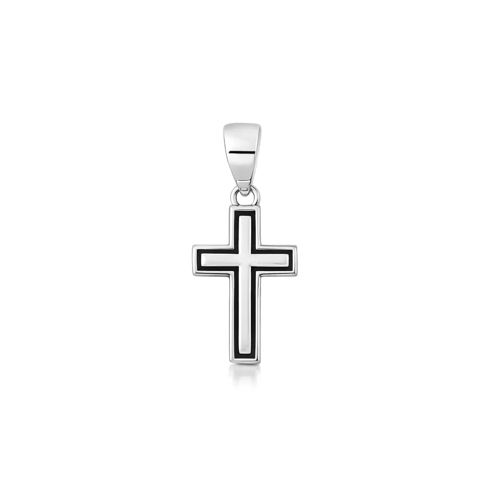Sterling Silver Oxidized And Polished Black Line Cross Pendant