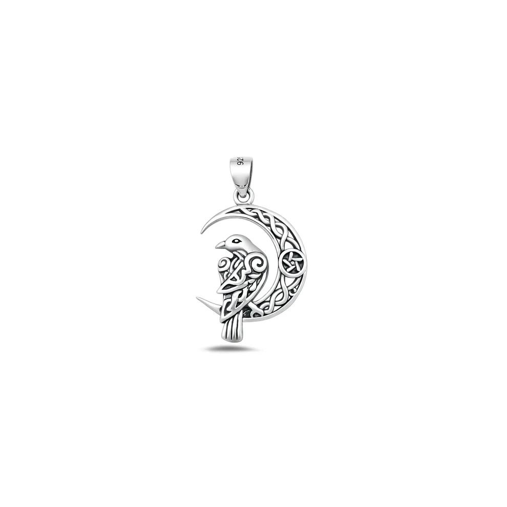 Sterling Silver Oxidized And Polished Celtic Bird And Moon Pendant