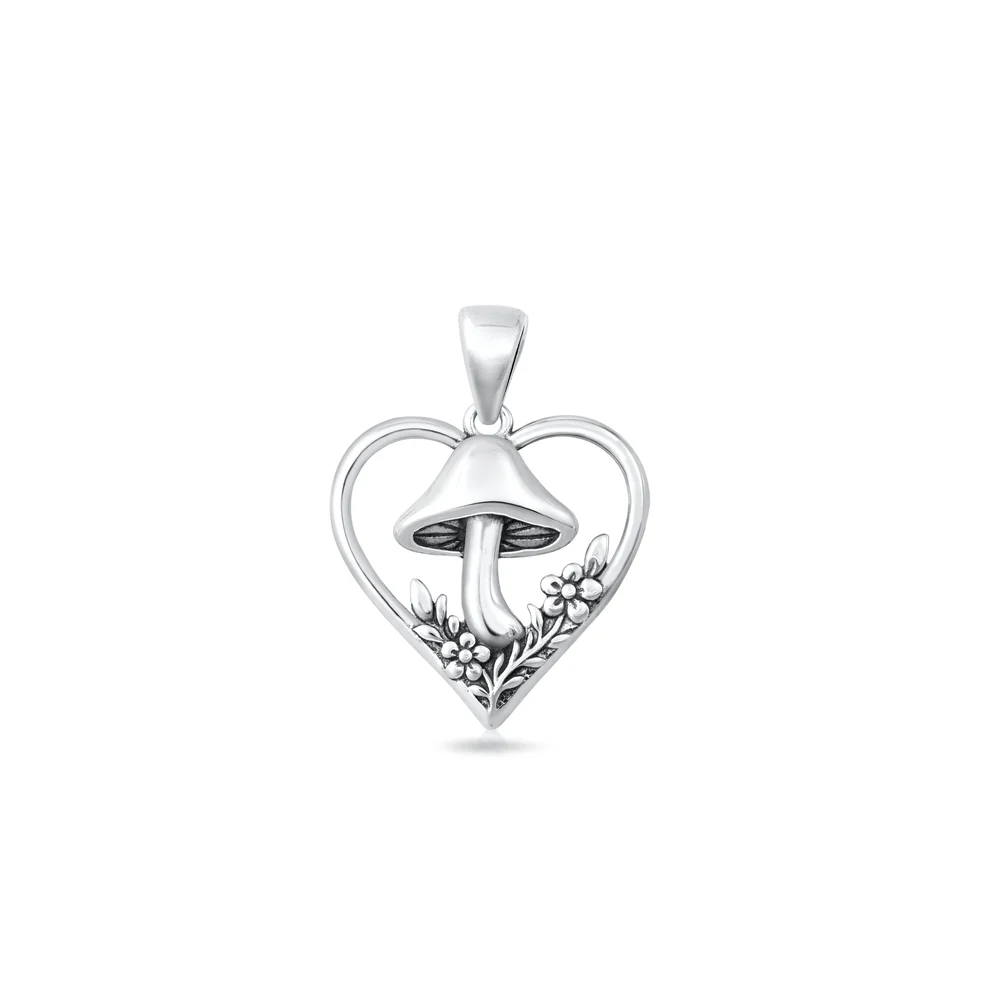 Sterling Silver Oxidized And Polished Mushroom And Heart Pendant