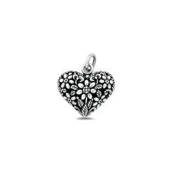 Sterling Silver Oxidized 14.5mm Heart And Flowers Pendant