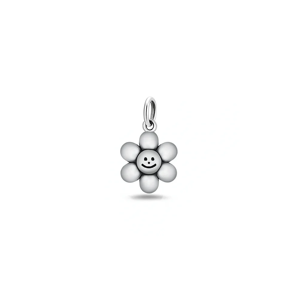 Sterling Silver Oxidized And Polished Happy Face Flower Pendant