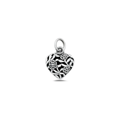 Sterling Silver Oxidized And High Polished Heart And Flowers Pendant