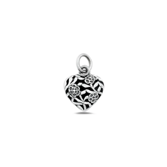 Sterling Silver Oxidized And High Polished Heart And Flowers Pendant