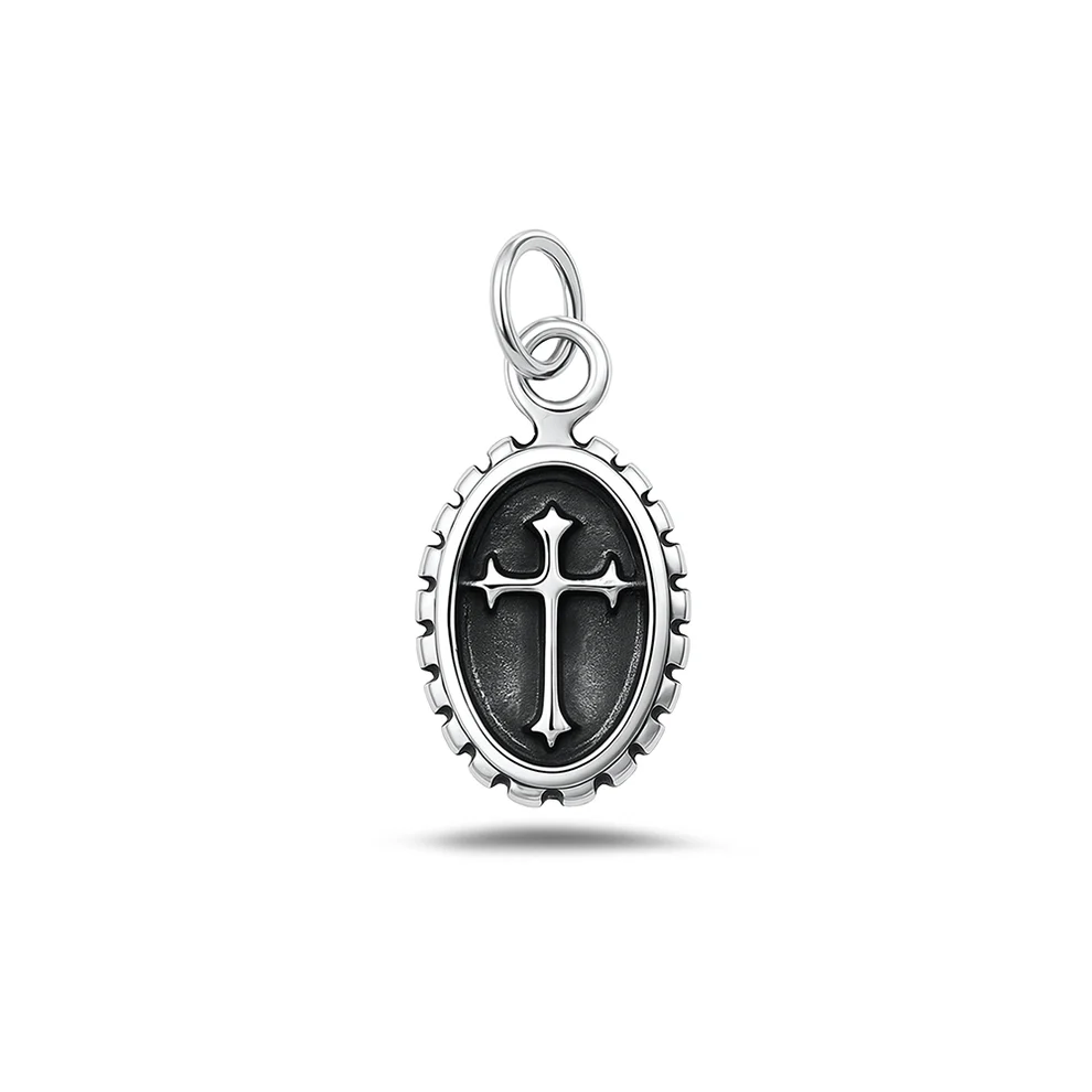 Sterling Silver Oxidized And High Polished Oval Cross Pendant