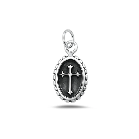 Sterling Silver Oxidized And High Polished Oval Cross Pendant