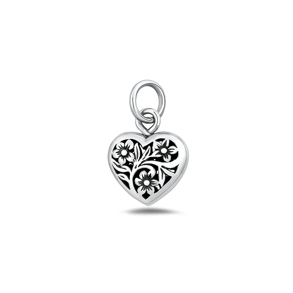 Sterling Silver Oxidized Heart And Flowers Pendant
