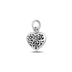 Sterling Silver Oxidized Heart And Flowers Pendant